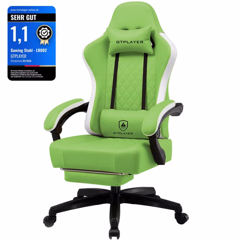 GTPLAYER Ergonomische Gaming Stoel met Voetsteun en Verstelbare Armleuningen, Kunstleer, Groen