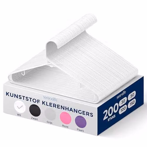 SereneLife Kleerhanger Set - 200 Stuks Witte Plastic Antislip Kledinghangers met Geïntegreerde Haakjes