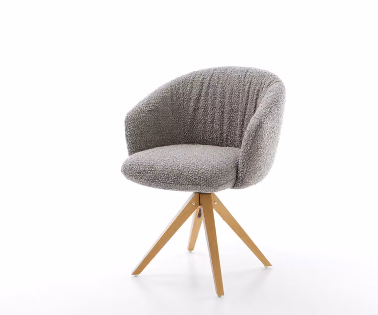 Caja-Flex Eetkamerstoel met armleuning, Bouclé Zilver Grijs, Houten Frame Natuur, 360 graden draaibaar
