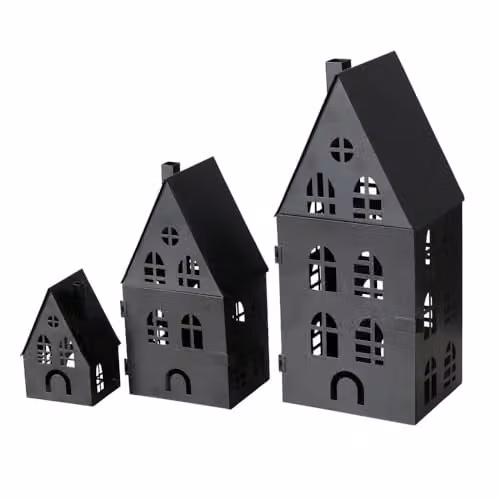 Boltze Set van 3 Metalen Waxine Huisjes - Zwart - Hoogtes: 15 cm, 25 cm en 37 cm