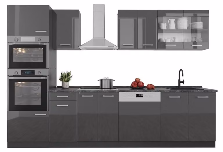 Vicco R-Line Keukeneenheid Antraciet Hoogglans en Eiken met Hoge Kast, 300 cm