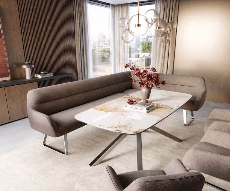DELIFE Eetkamerbank Taya-Flex L-vormige bank in beige met structuur, rechts, B: 282 cm, D: 190 cm, H: 87 cm