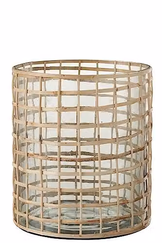 J-Line Windlicht Violet Breed van Glas en Riet in Naturel