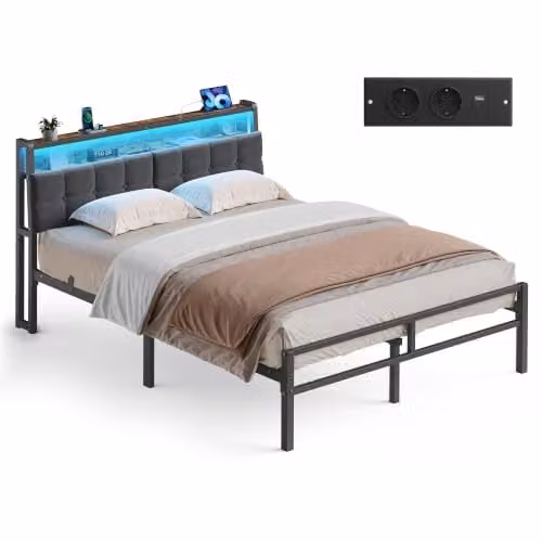 VASAGLE Metalen Tweepersoonsbed met LED-verlichting, USB-oplaadpoort en nachtkastjes, 140 x 200 cm