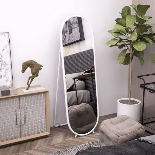 HOMCOM Ovale vloerspiegel volledige lengte met witte standaard, vrijstaand of leunend, 160 x 40 cm