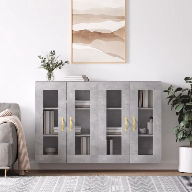Set van 2 wandkasten met glazen deuren in betongrijs voor de keuken, badkamer of woonkamer
