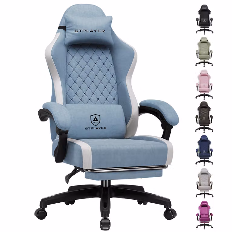 GTPLAYER Gaming Stoel, ergonomische computerstoel met ademend materiaal en voetsteun, lichtblauw