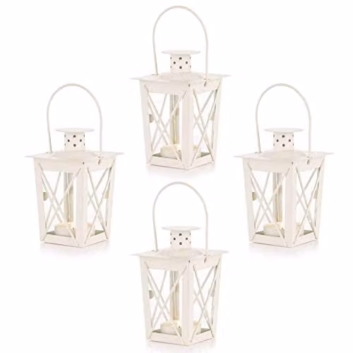 NUPTIO Set van 4 vintage witte metalen mini decoratieve kaarslantaarns met led theelichtjes voor bruiloft en tuin decoratie