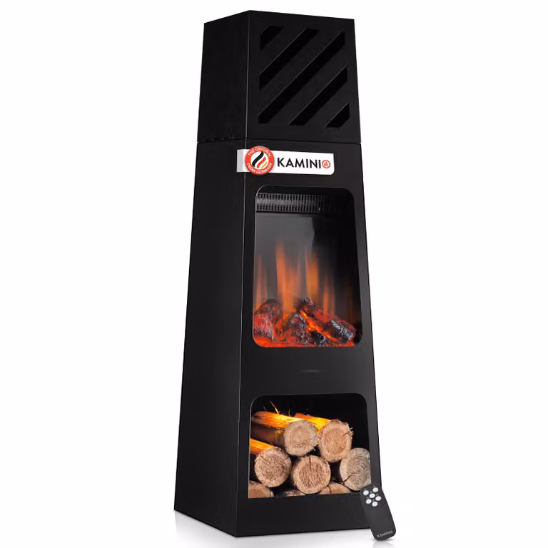 KAMINIO Elektrische tuinkachel KAI XL - Zwart - Terrasoven met 3D-vlammeffect, LED-sfeerverlichting en opbergruimte voor hout