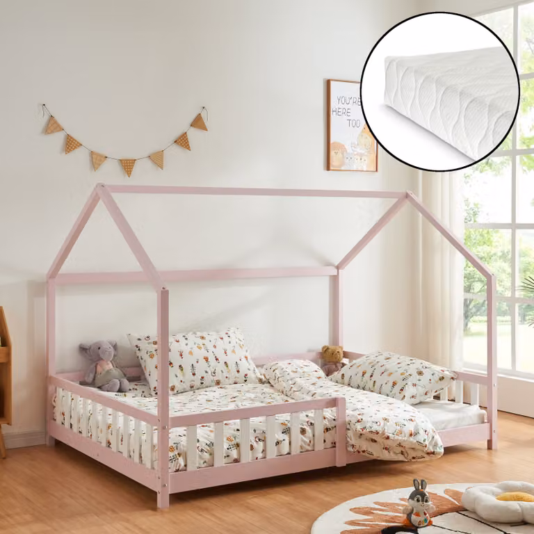en.casa Kindercamabed Hesel met matras en valbeveiliging, massief hout, roze, B/D/H: 120 x 200 cm