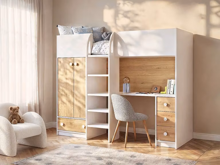 CINAMO Hoogslaper met kast, bureau en matras, Wit en Houteffect, B/D/H: 190 x 90 x 162,3 cm