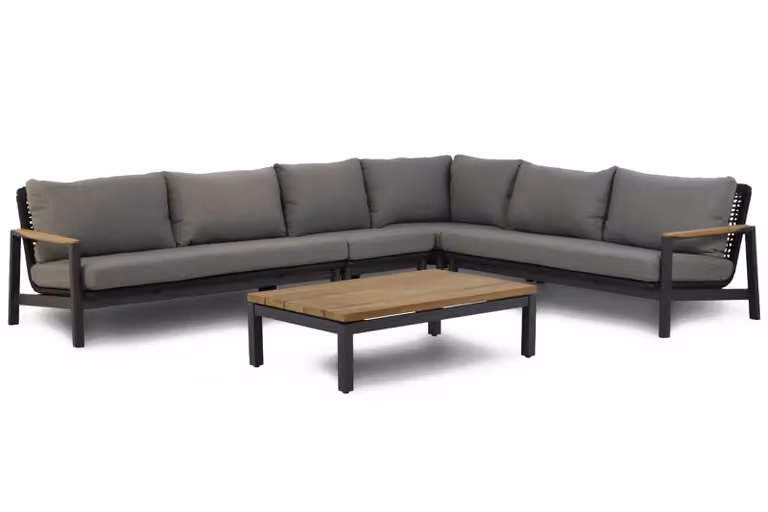 Coco Ralph/Riviera 5-delige hoek loungeset met grijze kussens en teak hout, 120 cm